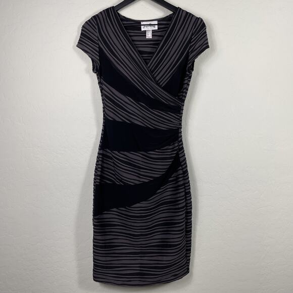 Joseph Ribkoff Women's 2 Black & Gray Striped Short Sleeve Stretch Bodycon Dress - Picture 1 of 3